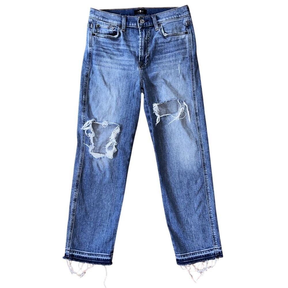7 For All Mankind Distressed High-Waist Cropped Straight Leg Jeans 29X26